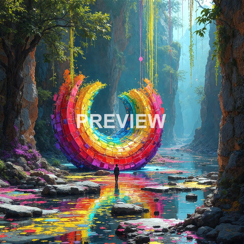 A person standing in a rocky river valley beneath a large, vibrant, rainbow-colored crescent-shaped sculpture hanging from the trees, with lush greenery and tall cliffs surrounding the scene.